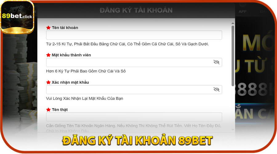 Đăng ký tài khoản 89BET dễ dàng trong 1 phút